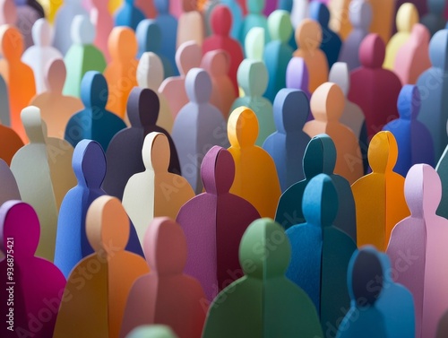 Abstract business team concept with diverse paper cutouts in solid colors arranged in unity - inclusion, workplace diversity, team building