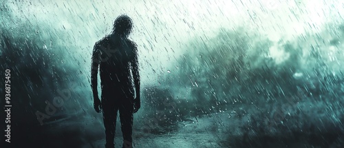 A lone figure stands in heavy rain, evoking themes of solitude and introspection in a moody, misty atmosphere.