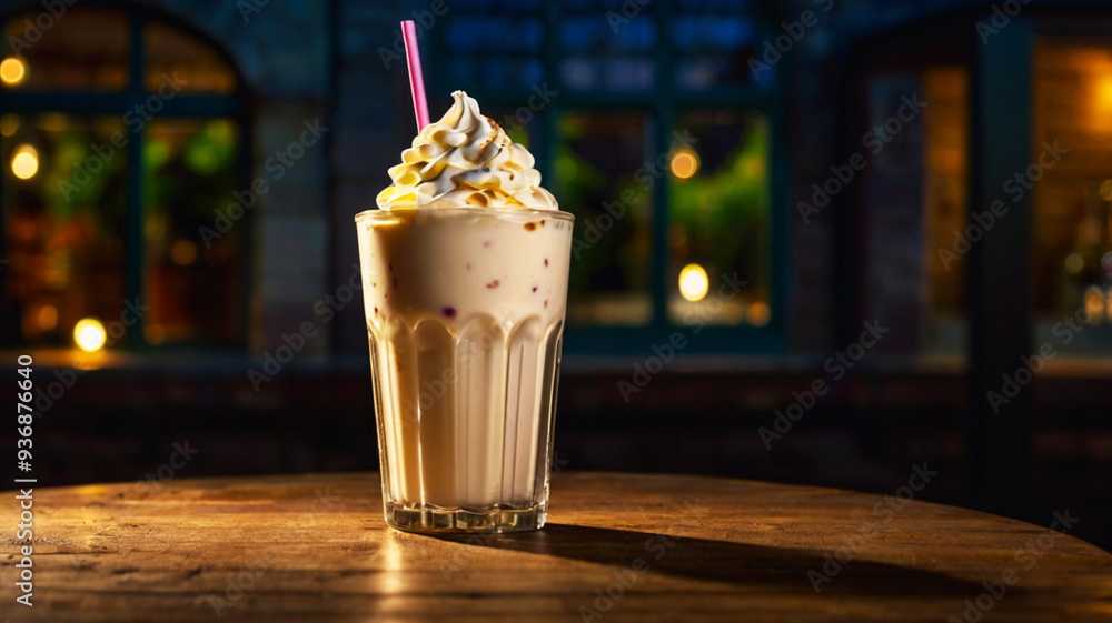Creamy milkshake topped with whipped cream and sprinkles, served in a tall glass with a pink straw on a wooden table in a cozy evening café setting Creamy milkshake topped with whipped cream and sprinkles, served in a tall glass with a pink straw on a wooden table in a cozy evening café setting