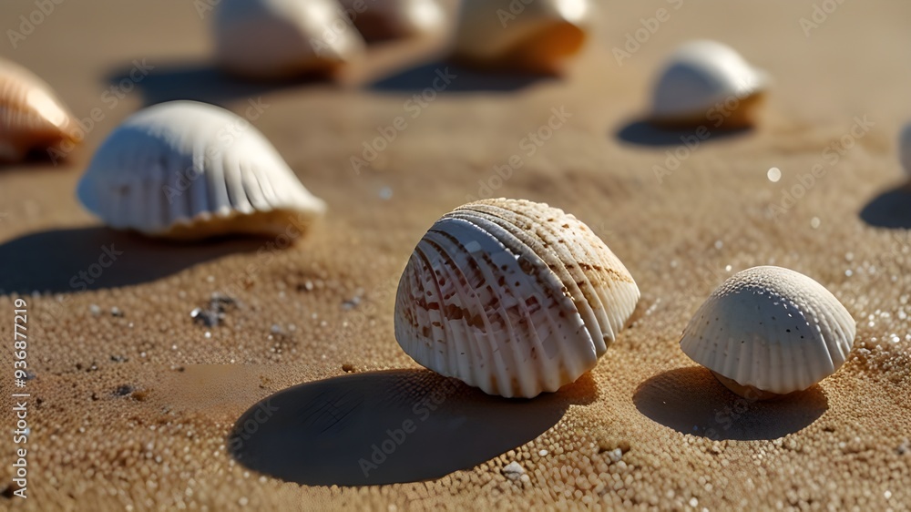 Seashells on Sandy Beach with Copy Space - A close-up of seashells scattered on a pristine sandy beach, showcasing the beauty of nature and the tranquility of coastal environments. The image Generativ Seashells on Sandy Beach with Copy Space - A close-up of seashells scattered on a pristine sandy beach, showcasing the beauty of nature and the tranquility of coastal environments. The image Generativ