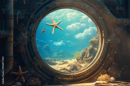 Exploring the wonders of the ocean through a submarine viewport at midday photo