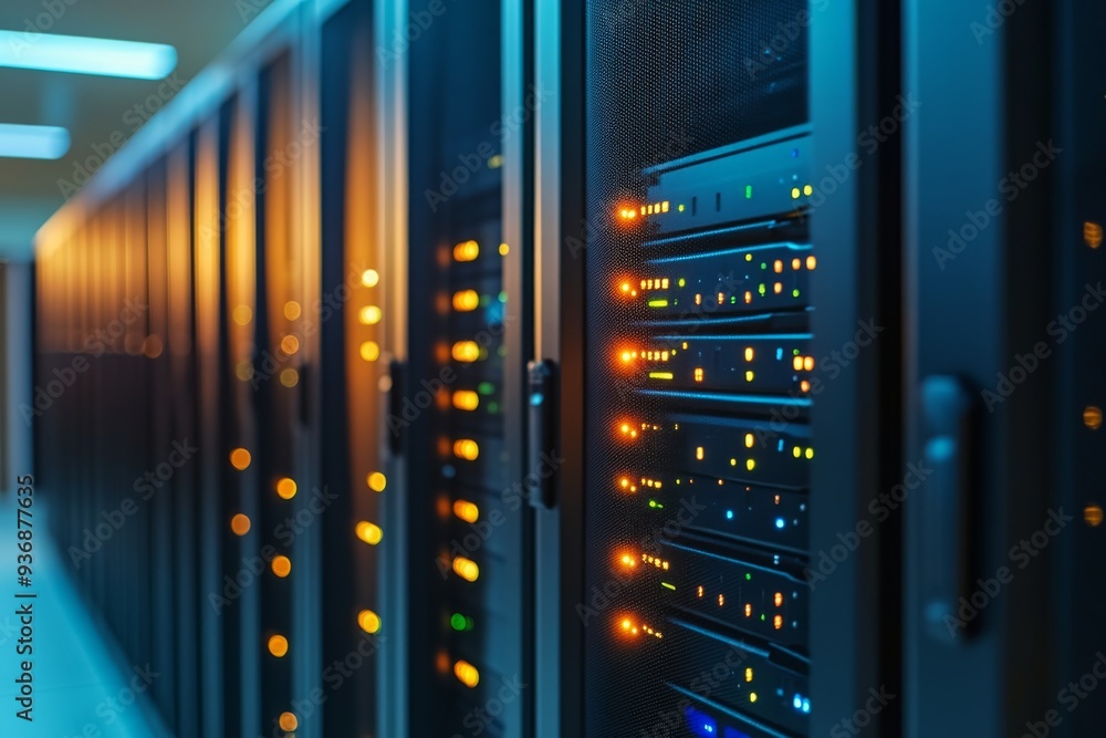 Close up of modern data servers with glowing orange lights representing the precision and efficiency of digital infrastructure in a high tech environment Close up of modern data servers with glowing orange lights representing the precision and efficiency of digital infrastructure in a high tech environment