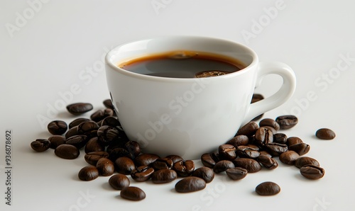 Fragrant hot coffee in a white cup with beans spilling roasted 