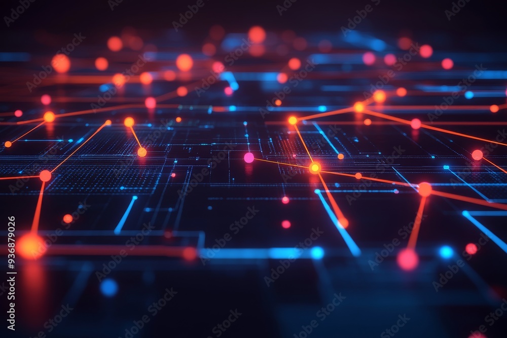 Abstract digital network with glowing blue and orange lines symbolizing the dynamic flow of data and the vibrant nature of technology in a high tech environment Abstract digital network with glowing blue and orange lines symbolizing the dynamic flow of data and the vibrant nature of technology in a high tech environment