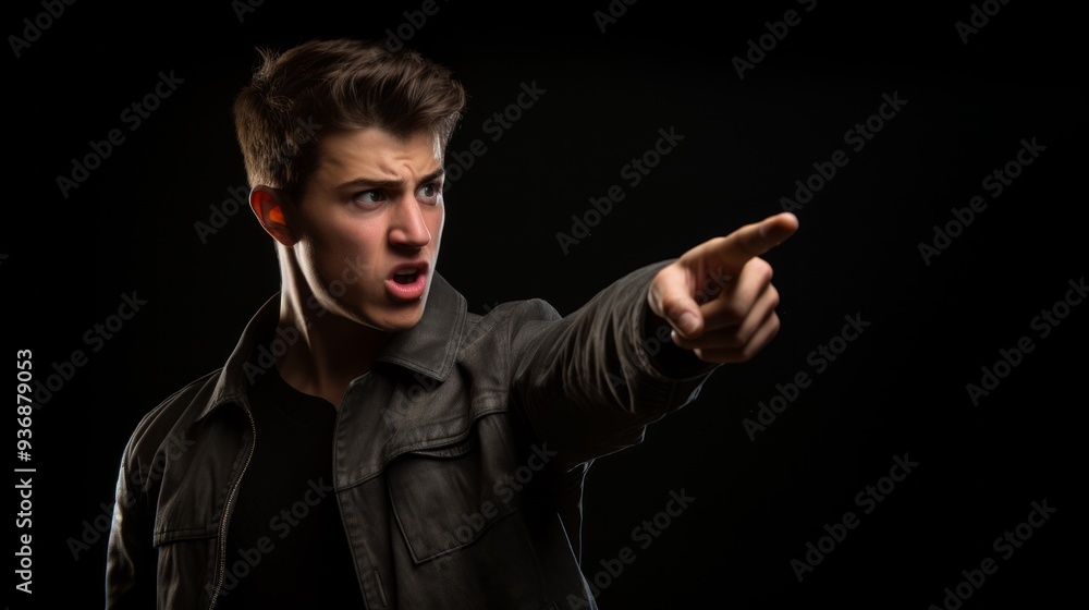Angry teenager points his finger to us in rage. Neural network ai generated art Angry teenager points his finger to us in rage. Neural network ai generated art