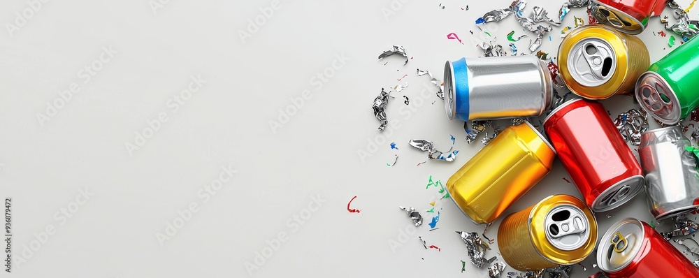 Colorful aluminum cans and crumpled foil on a light background, representing waste, recycling, and environmental impact Colorful aluminum cans and crumpled foil on a light background, representing waste, recycling, and environmental impact