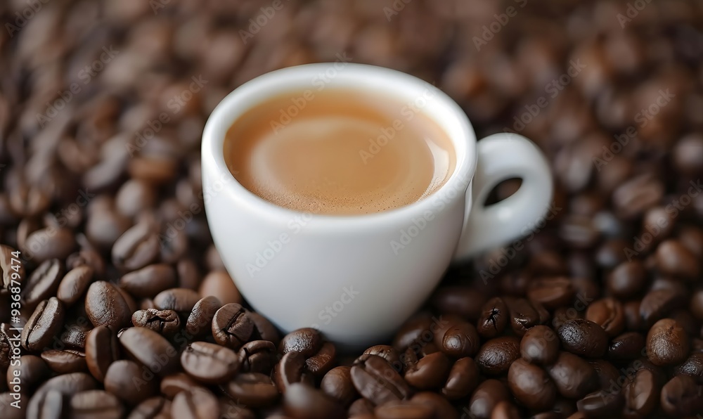 Fragrant hot coffee in a white cup with beans spilling roasted Fragrant hot coffee in a white cup with beans spilling roasted