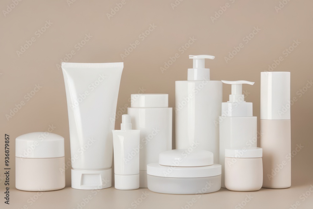 Set of blank white cosmetic containers arranged on a neutral background Set of blank white cosmetic containers arranged on a neutral background