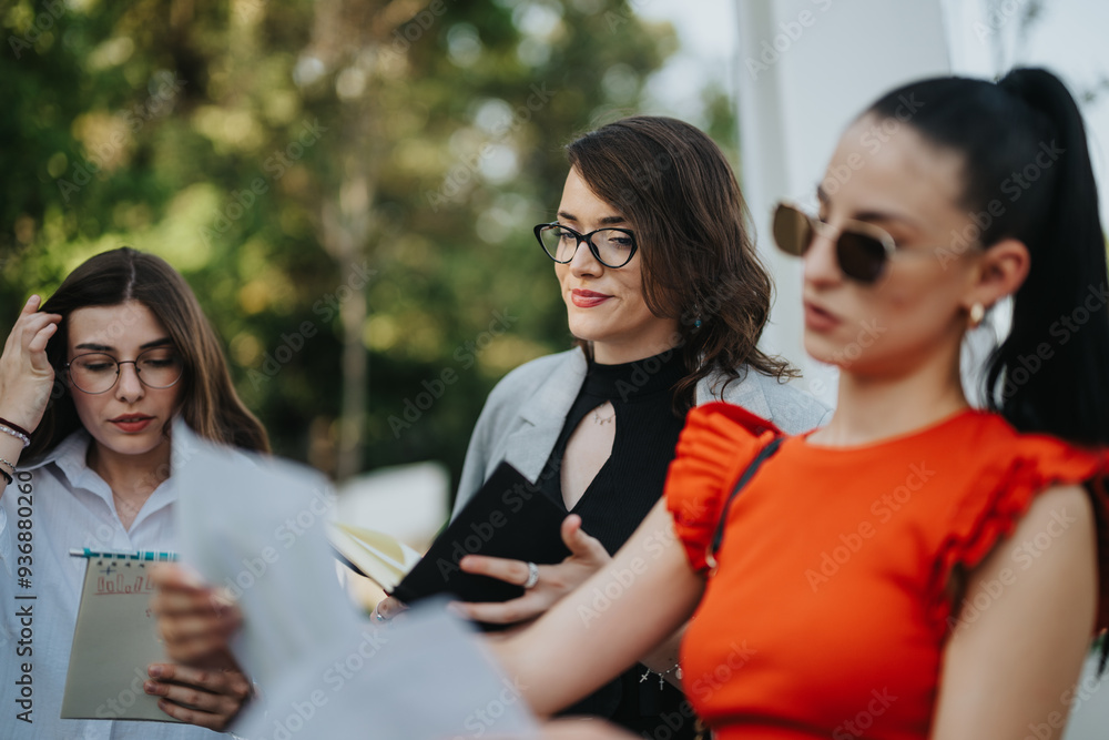 Three professional businesswomen in a meeting, collaborating on documents and notes in an outdoor setting. Focused on teamwork and productivity. Three professional businesswomen in a meeting, collaborating on documents and notes in an outdoor setting. Focused on teamwork and productivity.