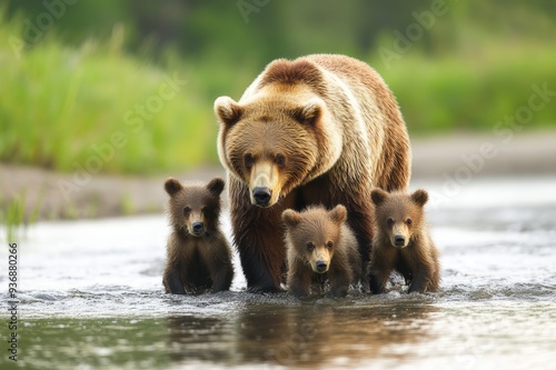  a mother bear teaching her cubs to hunt for fish in a river. photo