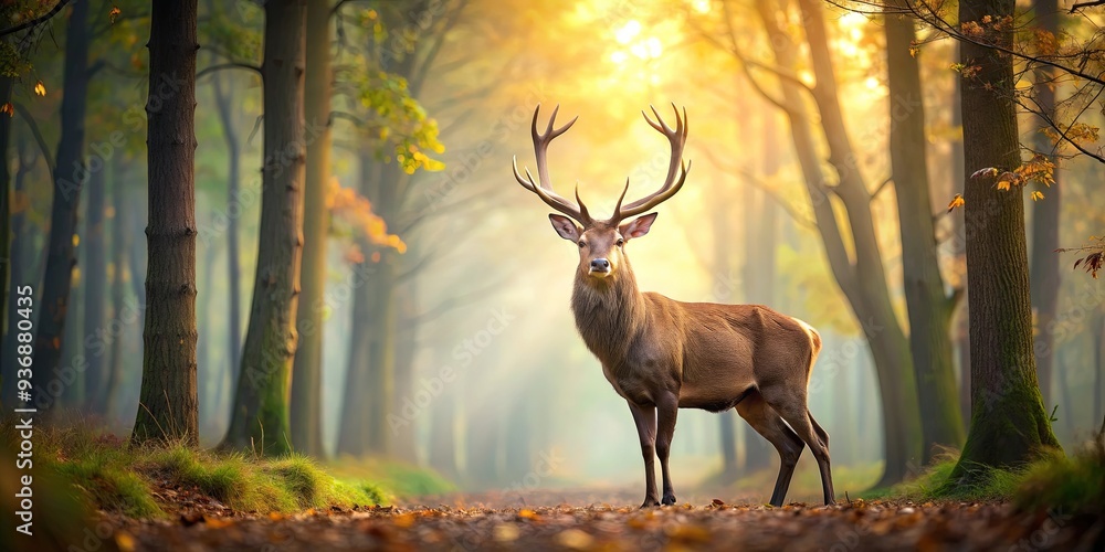 Fototapeta premium Majestic deer roaming through a peaceful forest , wildlife, nature, animals, forest, woodland, mammal
