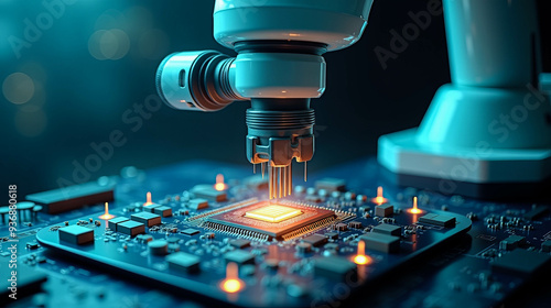 A robotic arm meticulously places a microchip onto a circuit board within a modern manufacturing environment, showcasing advanced automation and technology