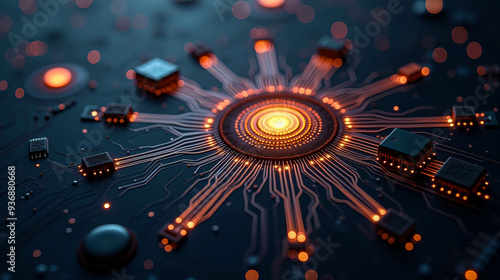 A complex network of circuits and chips is displayed, glowing orange against a dark background, illustrating advanced technology and electronic connections in action