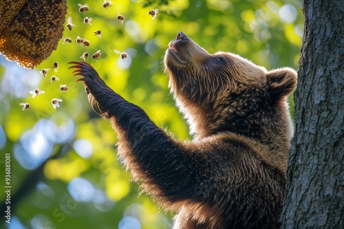 A curious bear reaching for a beehive in a tree. photo