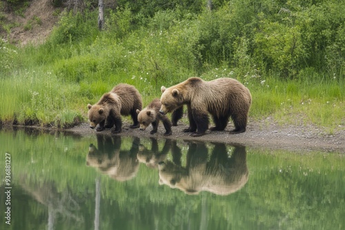 A bear family drinking water from a river.  photo