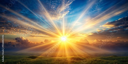 Heavenly Divine Sun with rays of light shining down on a peaceful landscape, spiritual, healing, sky, sun, bright, warm, glistening
