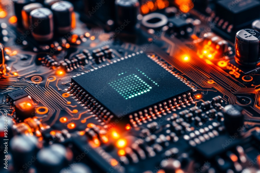 Close up of a RAM module on a green circuit board symbolizing the power and performance of modern computing technology in a high tech environment Close up of a RAM module on a green circuit board symbolizing the power and performance of modern computing technology in a high tech environment
