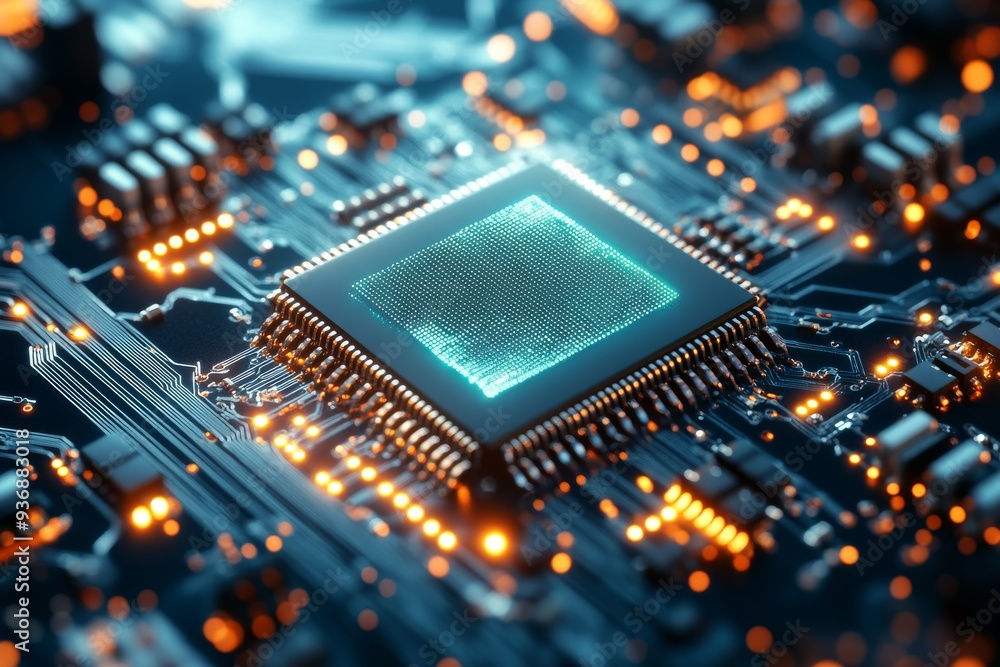 Close up of a green microchip on a circuit board with glowing paths symbolizing the efficiency and performance of modern digital technology in a high tech environment Close up of a green microchip on a circuit board with glowing paths symbolizing the efficiency and performance of modern digital technology in a high tech environment