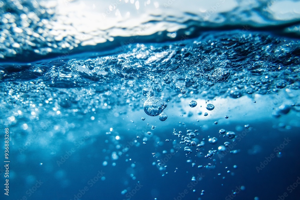 Air Bubbles Float Up Under Blue Water. Pure Water Wave, Oxygen Relaxation. Blue Water Textured on White Background..generative ai Air Bubbles Float Up Under Blue Water. Pure Water Wave, Oxygen Relaxation. Blue Water Textured on White Background..generative ai