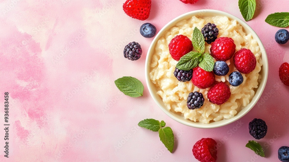 A bowl of creamy rice pudding topped with fresh raspberries, blackberries, blueberries and mint leaves on a pink background. A bowl of creamy rice pudding topped with fresh raspberries, blackberries, blueberries and mint leaves on a pink background.
