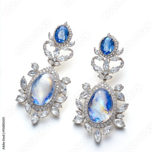 Celestial Fantasy: Moonstone and White Gold Earrings - Isolated on White
