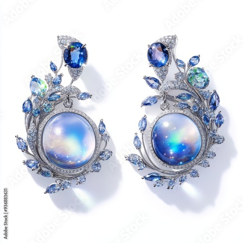 Celestial Fantasy: Moonstone & White Gold Earrings on White Background