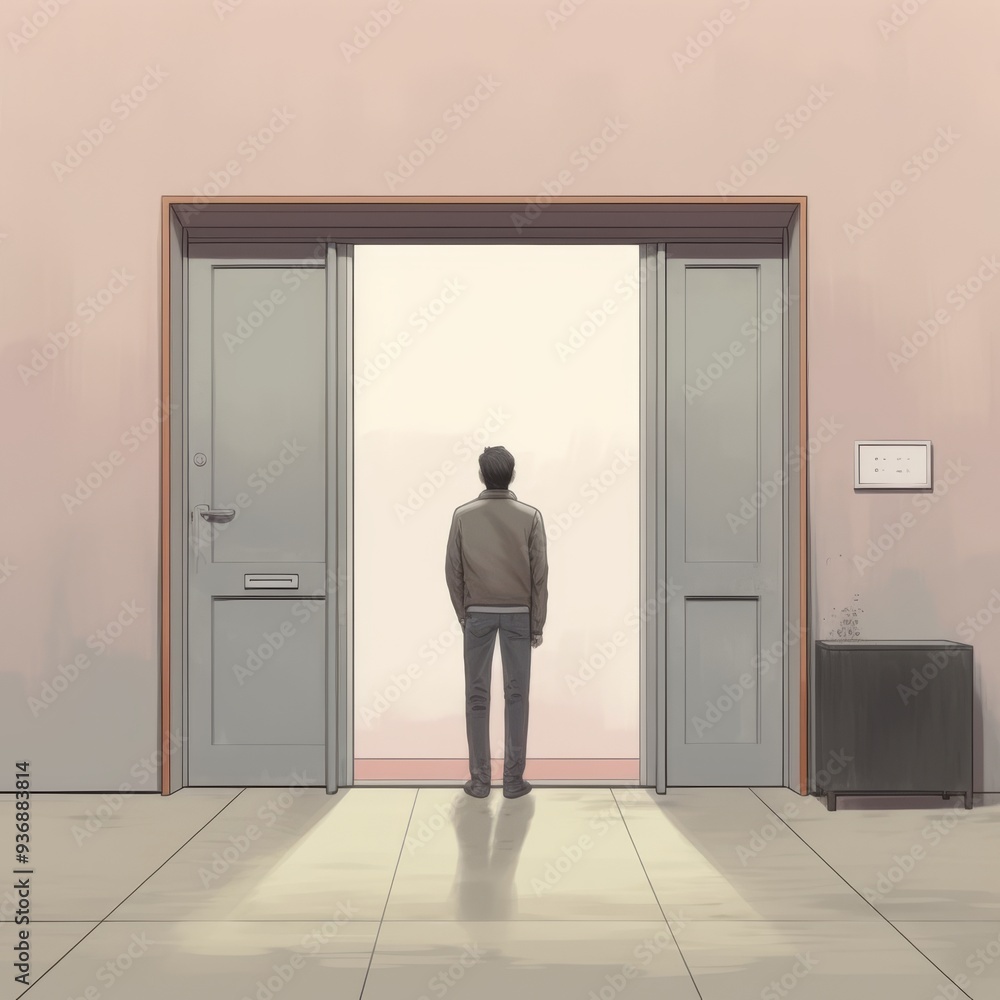Illustration of a Man Standing in Front of a Doorway, Reflecting Indoors, Concept of Introspection and Waiting for Opportunity Illustration of a Man Standing in Front of a Doorway, Reflecting Indoors, Concept of Introspection and Waiting for Opportunity