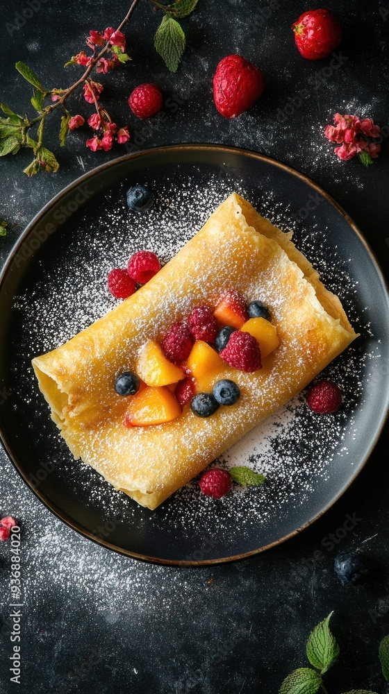 A thin, golden crepe topped with fresh peaches, blueberries, raspberries, and a dusting of powdered sugar. A thin, golden crepe topped with fresh peaches, blueberries, raspberries, and a dusting of powdered sugar.