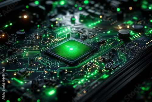 Green microchip with intricate connections on a circuit board symbolizing the efficiency and precision of modern digital technology in a high tech environment