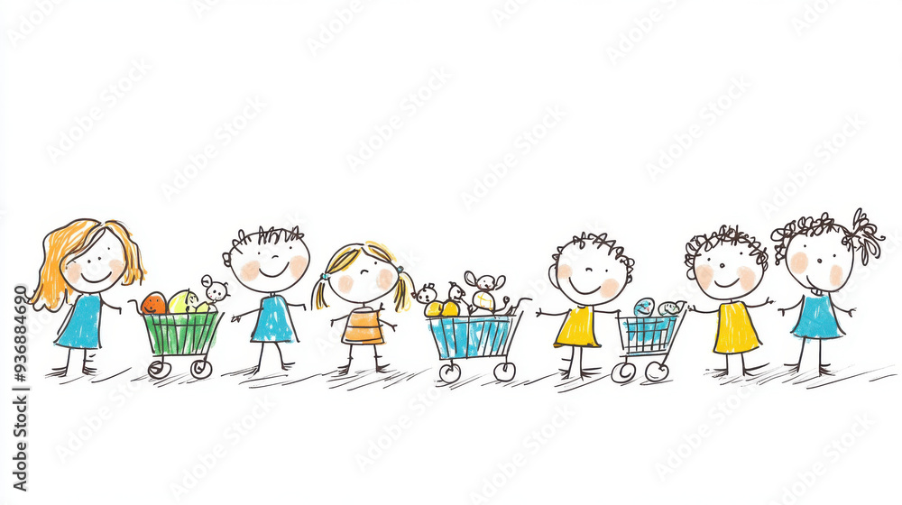 A doodle-style illustration of children pushing shopping carts filled with groceries, representing family shopping, fun, and childhood. A doodle-style illustration of children pushing shopping carts filled with groceries, representing family shopping, fun, and childhood.