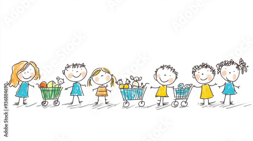 A doodle-style illustration of children pushing shopping carts filled with groceries, representing family shopping, fun, and childhood.
