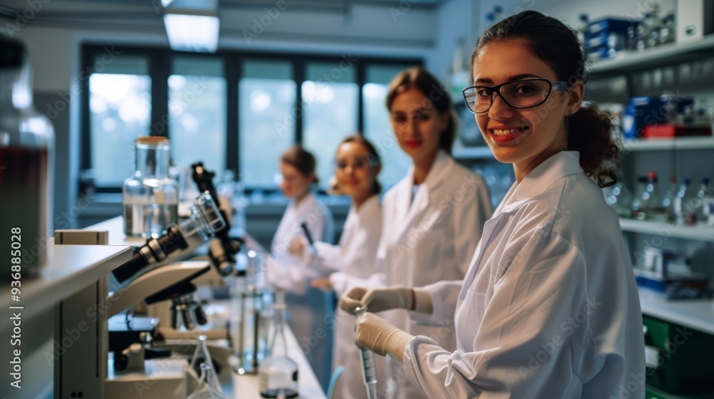 Group of medical or scientific students in lab interior. Neural network ai generated art Group of medical or scientific students in lab interior. Neural network ai generated art