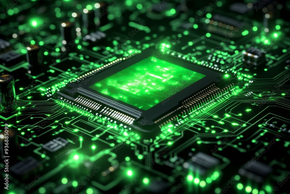 Close up of a green microchip on a circuit board with neon lights symbolizing the energy and connectivity of modern technology in a high tech environment Close up of a green microchip on a circuit board with neon lights symbolizing the energy and connectivity of modern technology in a high tech environment