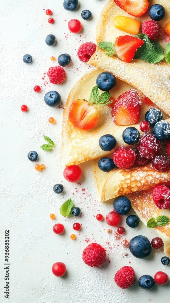 A close-up shot of a plate of pancakes topped with fresh berries, powdered sugar and mint leaves. A close-up shot of a plate of pancakes topped with fresh berries, powdered sugar and mint leaves.