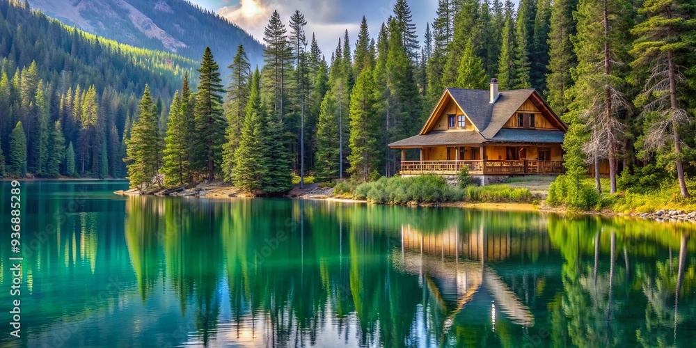 Obraz premium Chalet on a crystal lake surrounded by pine trees, Chalet, crystal lake, pine trees, nature, cabin, water, peaceful