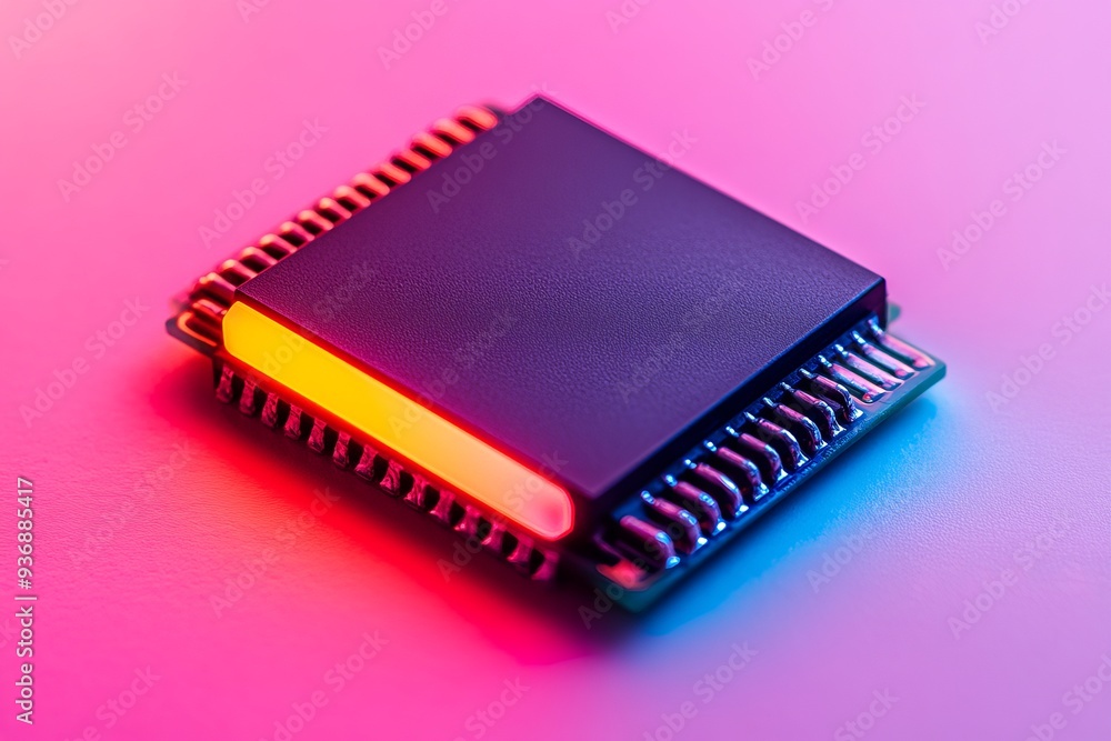 Close up of a red microchip with glowing green edges on a pink circuit board symbolizing the blend of aesthetics and functionality in modern computing technology Close up of a red microchip with glowing green edges on a pink circuit board symbolizing the blend of aesthetics and functionality in modern computing technology