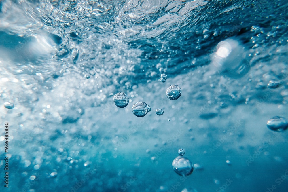 Air Bubbles Float Up Under Blue Water. Pure Water Wave, Oxygen Relaxation. Blue Water Textured on White Background..generative ai Air Bubbles Float Up Under Blue Water. Pure Water Wave, Oxygen Relaxation. Blue Water Textured on White Background..generative ai