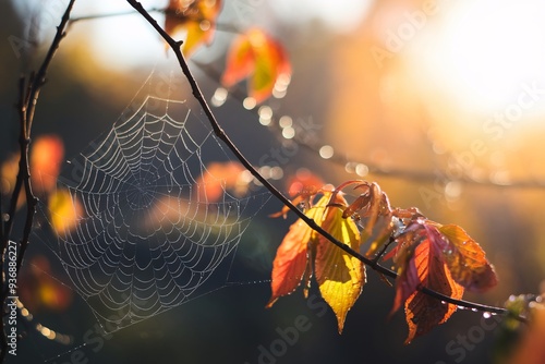 Close-up view of a spider web between branches with autumn leaves and dewdrops in the shiny morning.