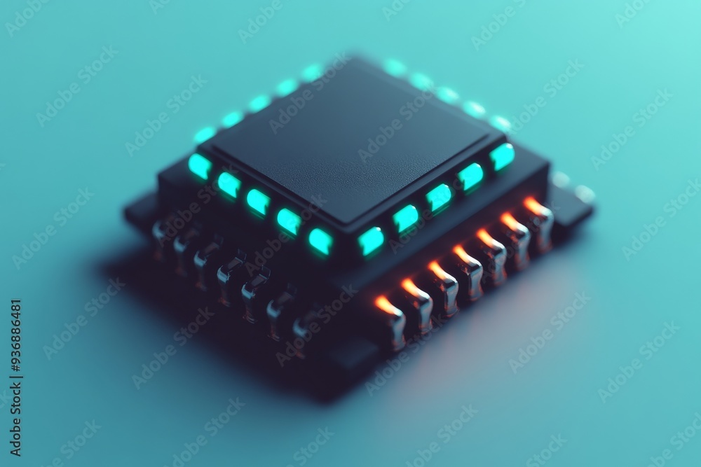 Close up of a square microchip with glowing green lights representing the efficiency and energy of modern computing technology Close up of a square microchip with glowing green lights representing the efficiency and energy of modern computing technology