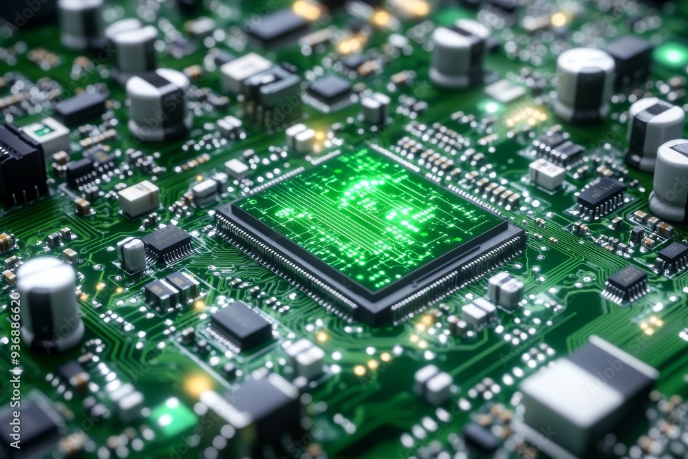 Close up of a green microchip on a densely packed circuit board symbolizing the compact and powerful nature of modern technology Close up of a green microchip on a densely packed circuit board symbolizing the compact and powerful nature of modern technology