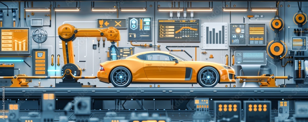 A futuristic car is being built in a factory A futuristic car is being built in a factory