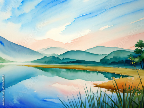 湖のほとり　水彩画