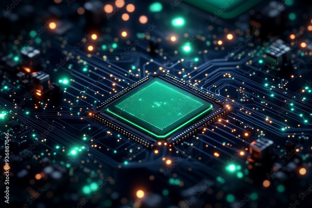 Close up of a glowing microchip on a circuit board symbolizing the power and complexity of modern computing technology in a high tech environment Close up of a glowing microchip on a circuit board symbolizing the power and complexity of modern computing technology in a high tech environment
