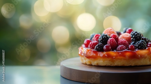 A delicious fruit tart with a variety of berries, with a soft green blurred background, ready to be enjoyed.