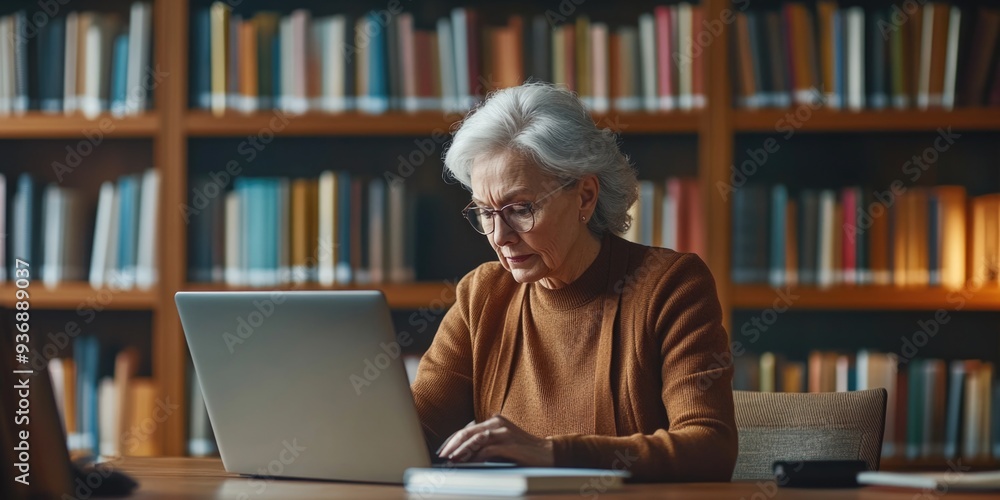 Elderly Woman Using Laptop in Library Elderly Woman Using Laptop in Library