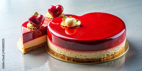 Red mirror half glazed and velor entremets with mini hearts and gold , dessert, entremets, red mirror, glazed photo