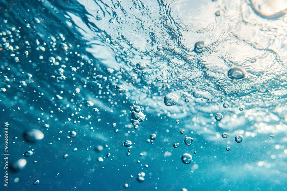 Air Bubbles Float Up Under Blue Water. Pure Water Wave, Oxygen Relaxation. Blue Water Textured on White Background..generative ai Air Bubbles Float Up Under Blue Water. Pure Water Wave, Oxygen Relaxation. Blue Water Textured on White Background..generative ai