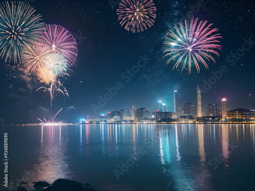 海から見る夜の街並みと花火