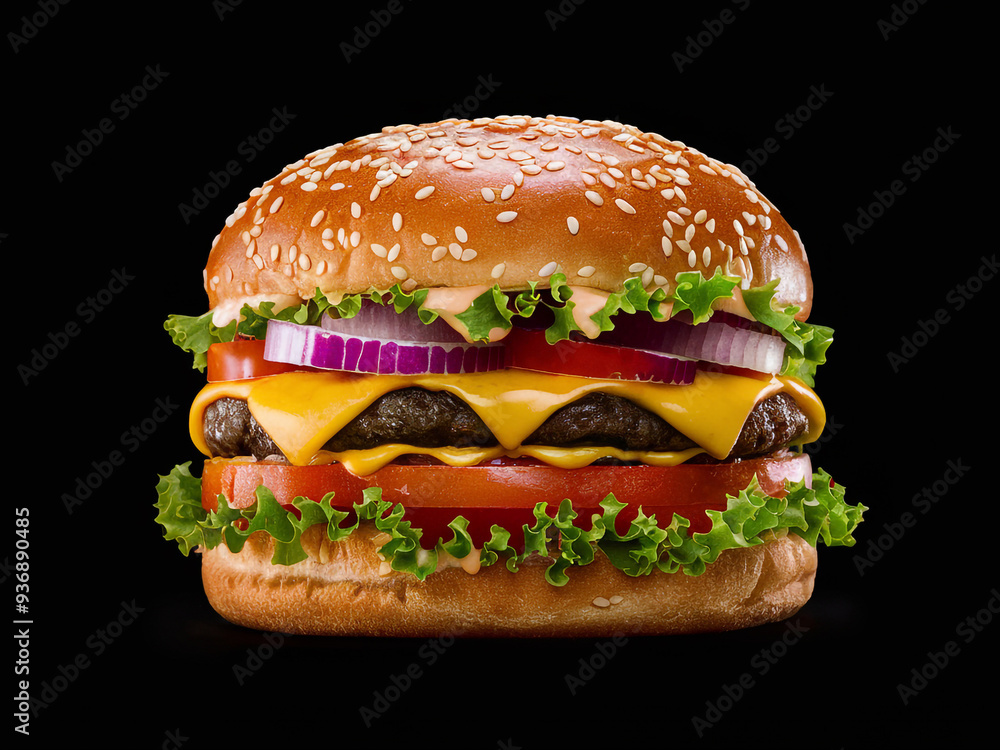 Cheeseburger with lettuce, tomato, and onion on black Cheeseburger with lettuce, tomato, and onion on black