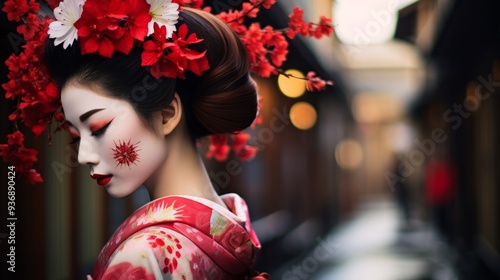 Attractive geisha in black kimono with flowers in hair. Neural network ai generated art photo